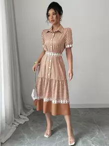 Elenzga 女式休闲优雅波西米亚风格条纹印花领带蝴蝶结连衣裙 - 卡其色 - 查看 4