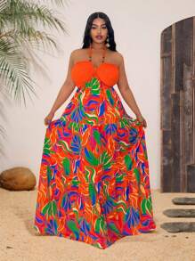 Slaydiva Đầm hai dây nhiều lớp xếp nếp, không tay, in họa tiết hoa nhiệt đới, cỡ lớn dành cho nữ, thích hợp cho kỳ nghỉ xuân/hè, đầm đi biển, trang phục đi nghỉ mát phong cách Boho. - Nhiều màu - Xem 4