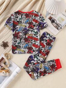 2 件装青少年男童休闲虎头字母印花长裤和短袖贴身家居服套装