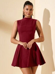 SHEIN BAE Robe évasée élégante sans manches marron unicolore, robe élégante simple à col rond sans manches, robe de bureau polyvalente décontractée, adaptée à l'automne, l'hiver et le printemps, convient pour le bureau, les déplacements, Noël, et le port quotidien