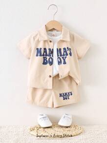 Cozy Pixies Baby Boy 3pcs Set: Letter Print Lapel Short Sleeve Shirt , Solid Color Soft Knit Short Sleeve T-Shirt, Elastic Waist Shorts
