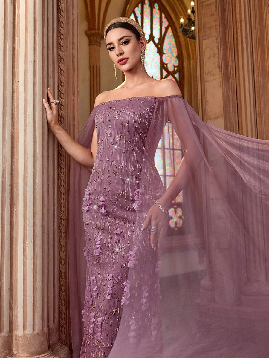 Modelyn Vestido elegante para mujer con hombros descubiertos, parches de malla y decoración de lentejuelas con flores para fiesta - Morado - Ver 1