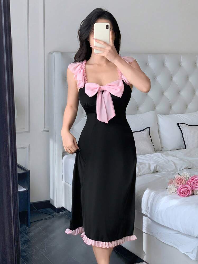 SHEIN Elegant Mesh Bowknot & Ruffle Trim Women's Nightgown Babydoll Bow - Black - View 5