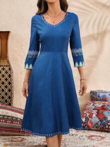 EMERY ROSE Women's V-Neck Printed Casual Dress, Simplistic For Everyday Wear