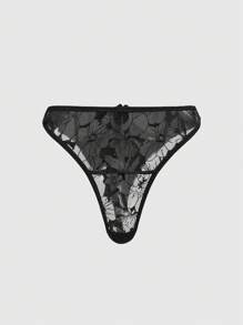 ROMWE Black Gothic Rose Bride Underwire Lace Embroidered Bralette & G-String Lingerie Set - Black - View 4