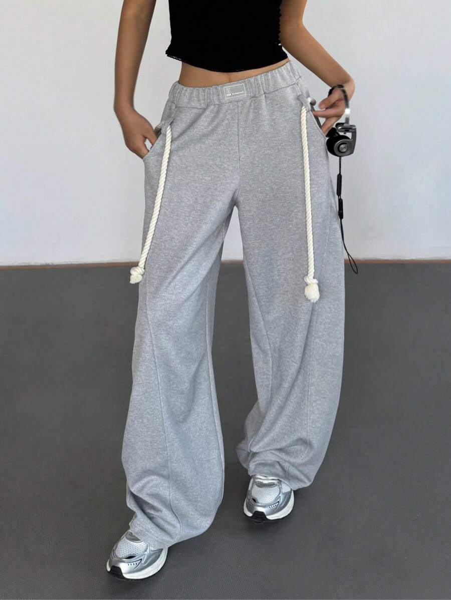 SHEIN EZwear 女士休闲复古破洞阔腿直筒宽松裤秋冬款 - 灰色 - 查看 1