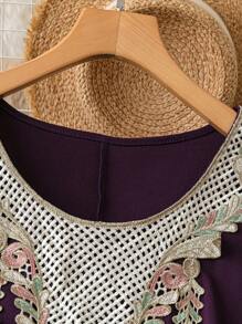 Al Najma Plus Size Women's Elegant Floral Embroidered Patchwork Chiffon Lantern Sleeve Dress, Arabic Style