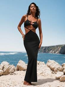 Opulessa 性感优雅纯色针织紧身镂空长裙，适合派对和节日穿着 - 黑色 - 查看 7