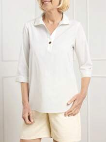 SHEIN LUNE Women's Solid Color Turndown Collar 3/4 Sleeve Casual Loose Blouse - White - View 4