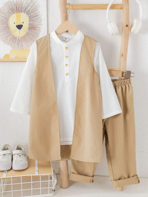 SHEIN 3pcs Set Toddler Boys Casual Robe Style Collared Shirt, Solid Color Pants Outfit, Suitable For Kids Outfits, Back To School, Birthday Parties, Evening Events, Performances, Weddings, School Commencements, Daily Wear, Spring, Summer