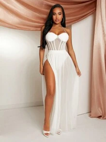 SHEIN SXY 春夏情人节服装优雅婚礼宾客老钱波西米亚风度假白色高弹针织网眼透视高开叉束腰款式吊带长款修身秋千连衣裙