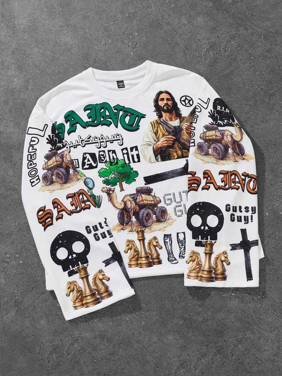 PAVTROS Manfinity Streetrush Men's Round Neck Short T-Shirt With Trumpet Sleeves, Positioning Print Pattern, Jesus Religious Fun Graffiti Print, Couple Wear, Unisex Style, Daily Leisure Commuting Wear In All Seasons, Funny Graffiti Print,Boyfriend Gifts,Rapper Top - Multicolor - View 1