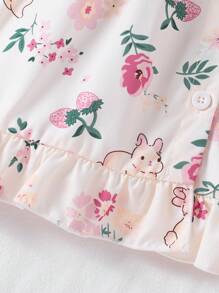 2pcs Young Girl Casual Home Set, Blush Bunny & Floral Print Ruffled Top & Pants - Multicolor - View 5