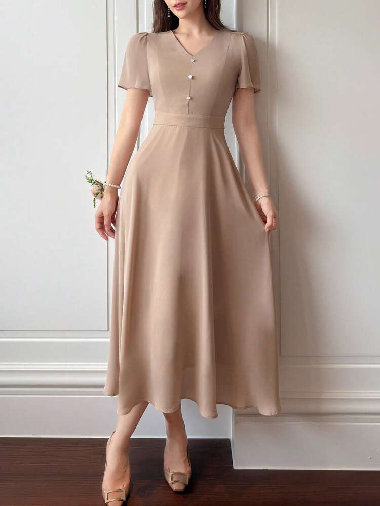 Women's Solid Color V-Neck Short Puff Sleeve Elegant Mid-Calf Dress Summer Elegant Sundress Maxi Dress