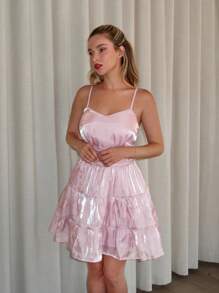 SHEIN Glamour Women Elegant Solid Color Slip Dress, Pink Satin Dress, Fairy Core Dress, Pink Tea Party Dress,Dresses For Women,Summer Dresses For Women,Pink Dress,Mini Dress - Khaki - View 5