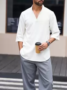 Mainfolk 2 件男士修身休闲梭织衬衫套装，适合日常穿着 - 白色 - 查看 1