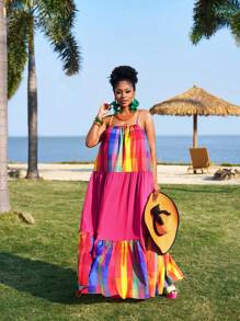 Slaydiva Plus Size 2025 New Vacation Casual Sleeveless Loose Solid/Rainbow Print Patchwork A-Line Dress For Summer
