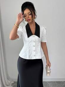 Elenzga Women's Contrast Color Floral Jacquard Short Puff Sleeve Blouse - White - View 6