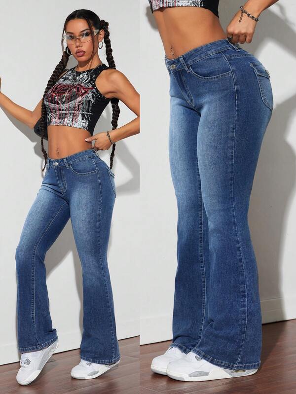 SHEIN ICON Low Waist Stretchy Zebra Stripe Washed Women's Flared Jeans