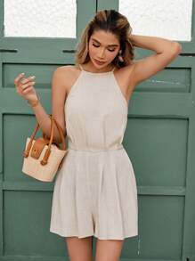 SHEIN Clasi Mono de mujer con escote halter, sin mangas, de lino, elegante y cómodo para uso diario casual