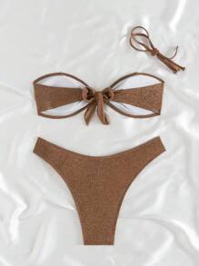 SHEIN Swim 性感闪光面料可拆卸肩带女士比基尼套装泳装套装，夏季海滩度假 - 彩色 - 查看 2