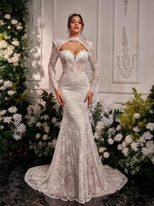 Glamrae 优雅浪漫白色蕾丝露肩心形领口长袖美人鱼轮廓露背新娘婚纱 - 白色 - 查看 3