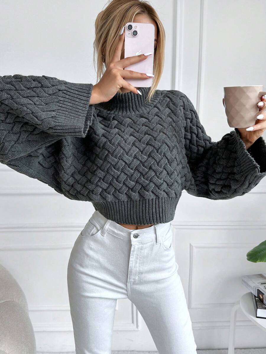 EURMUSE Turtleneck Batwing Sleeve Crop Jumper - Dark Grey - View 1