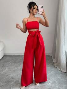 Rafferiza Red Spaghetti Strap Wide Leg Women's Jumpsuit With Waist Tie And Back Zipper - Red - View 1