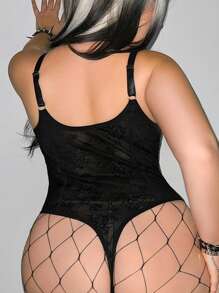 Plus Size Floral Lace Front Button Sexy Sheer Lingerie - Black - View 3