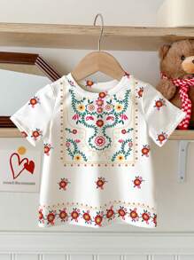 SHEIN Babymeisjes zoete strik en ditsy bloemen casual minimalistische korte mouw ronde hals blouse, veelzijdig voor de zomer, vakantie bijeenkomsten