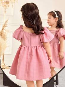 SHEIN Vestido casual y elegante para bebé niña con mangas farol, estampado floral de jacquard de organza y decoración de gran lazo - Rosa vieja - Ver 2