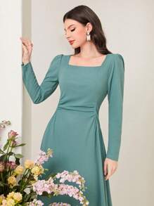 Modelyn Robe élégante à manches longues pour femmes avec col carré et taille cintrée, style vintage - Vert menthe - Voir 6