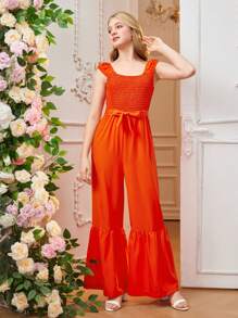 Comfortable Sleeveless Elastic Waist Pleated Wide Leg Jumpsuit For Teenage Girls - Orange - View 3