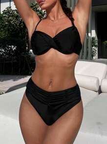 SHEIN Swim Springbreak Women's Black Steel Underwire Cross Front Casual Spaghetti Strap Bikini Set For Summer Beach Vacation - Black - View 1