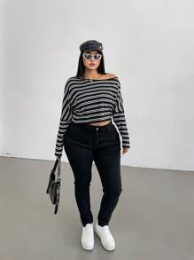 POPSWAY Plus Size Women's Black And White Striped Waffle Oblique Shoulder Long Sleeve Tee,Autumn Smart Casual Everyday Graphic T-Shirt Top For Spring Fall - Black and White - View 4