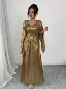 Elenzga 女士春夏斋月假期蝙蝠袖金属光泽长袍，V 领，收腰，及地长，适合女性假期、复活节、母亲节 - 金色 - 查看 1