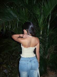 Elenzga Women's Solid Color Bandeau Knitted Casual Vacation Top - Apricot - View 2