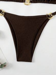 SHEIN Swim Curve Plus Size Women's Halter Split Sequin Solid Color Spiral Decor Two-Piece Sexy Bikini Set, For Summer Beach Vacation