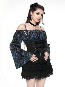 ROMWE Goth 女式太阳、月亮和花卉印花抽绳腰喇叭袖衬衫 - 彩色 - 查看 4