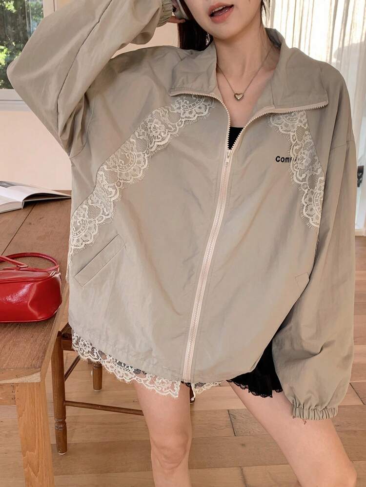 Women's Lace Patchwork Letter Print Loose Long Sleeve Jacket,Fall Clothes