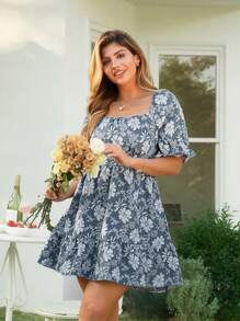 KURAYIA Plus Size Elegant Short Sleeve Blue Jacquard Fabric Back Tie A-Line Dress For Women