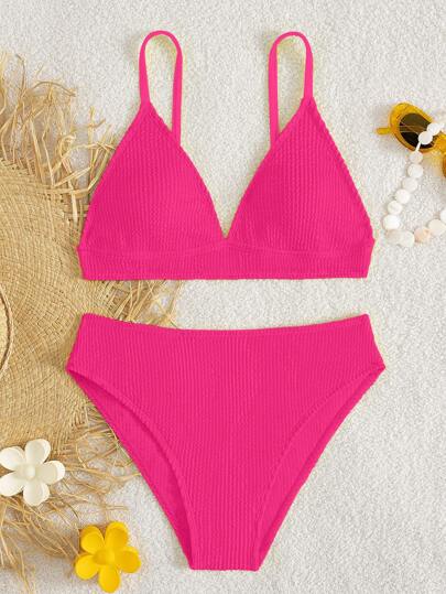Conjunto de bikini de unicolor con textura para niñas preadolescentes, ideal para vacaciones en la playa
