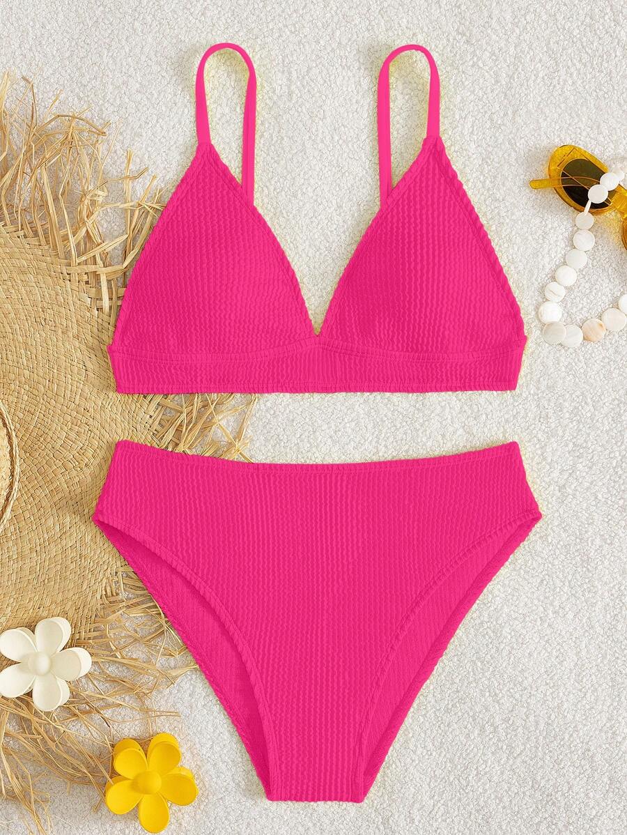 Ensemble de bikini texturé de couleur unie pour jeunes filles, vacances à la plage - Rouge - Voir 1