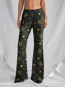 Lunelith SHEIN Lunessa Boho Style Women's Low Waisted Starry Moon Print Stretchy Flare Pants, Comfortable For Summer Rave Outfits Festival Fall Cloth For Women