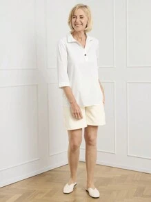 SHEIN LUNE Women's Solid Color Turndown Collar 3/4 Sleeve Casual Loose Blouse - White - View 5