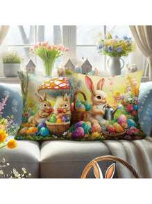 4 peças decoração de Páscoa coelho coelho ovo de Páscoa floral tulipa veludo capas de almofadas, bonito engraçado marrom laranja verde fronhas decorativas, para primavera casa sala de estar quarto sofá cama decoração, sem inserções de almofadas