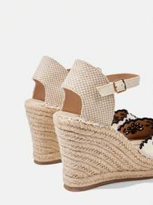 Styleloop Simple Canvas Strap Shoes With Elastic Band, Back Zipper, Faux Leather Perforated Round Toe, White Straw Thick Platform Wedge Sandals For Women