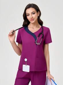 TaskEZ Color Block V-Neck Short Sleeve Top And Pants /Nurse Scrub Uniform Set - Multicolor - View 1