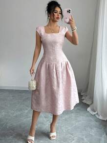 Elenzga 女式 2025 新款提花面料休闲中长连衣裙，优雅设计 - 粉色 - 查看 3