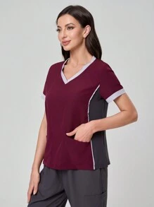 TaskEZ Damski top Colorblock z dekoltem w serek i krótkim rękawem, kieszenią na mundury chirurgiczne